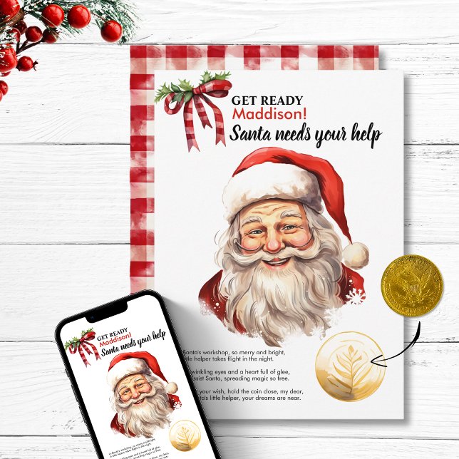 Personalised Santa Needs Your Help Red Magic Wish  Holiday Card (Personalized Santa Needs Your Help Red Magic Wish  Holiday Card Christmas magic gingham vintage gift)