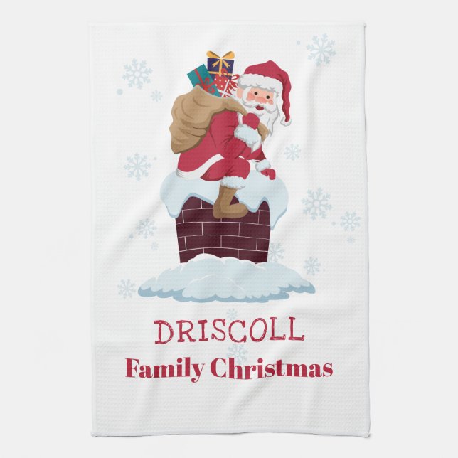 Personalised Santa on Roof Christmas Chimney Tea Towel (Vertical)