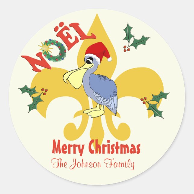 Personalised  Santa Pelican Fleur de Lis Classic Round Sticker (Front)