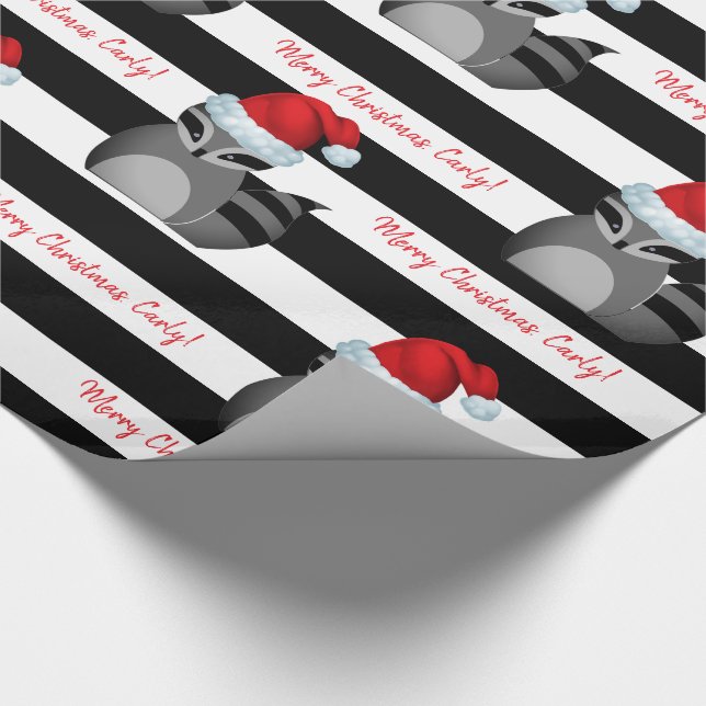 Personalised Santa Racoon Striped Wrapping Paper (Corner)