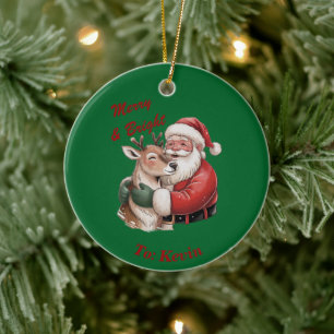 Personalised Santa & Reindeer Hug Christmas Ceramic Ornament
