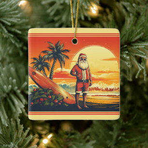 Personalised Santa Surfing Retro Beach Christmas Ceramic Ornament