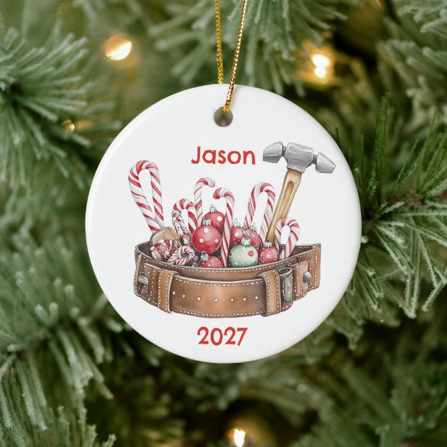Personalised Santa's Christmas Tool Belt Ceramic Ornament (Tree)
