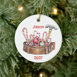 Personalised Santa's Christmas Tool Belt Ceramic Ornament