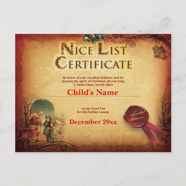 Personalised Santa's Nice List Certificate Postcard (Front)