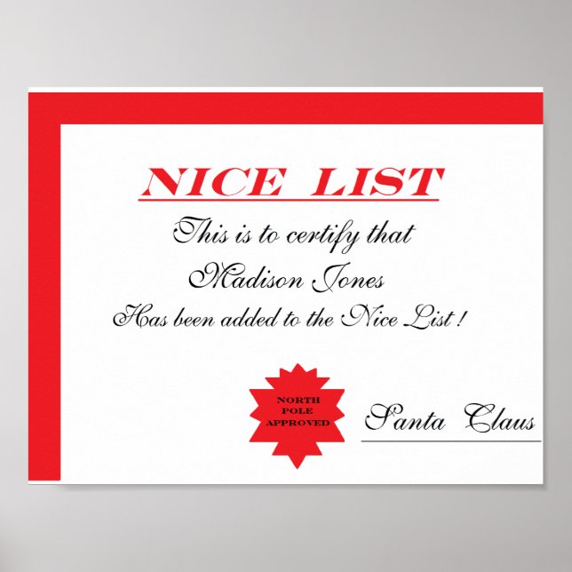 Personalised Santa's "Nice List" Certificate Poster (Front)