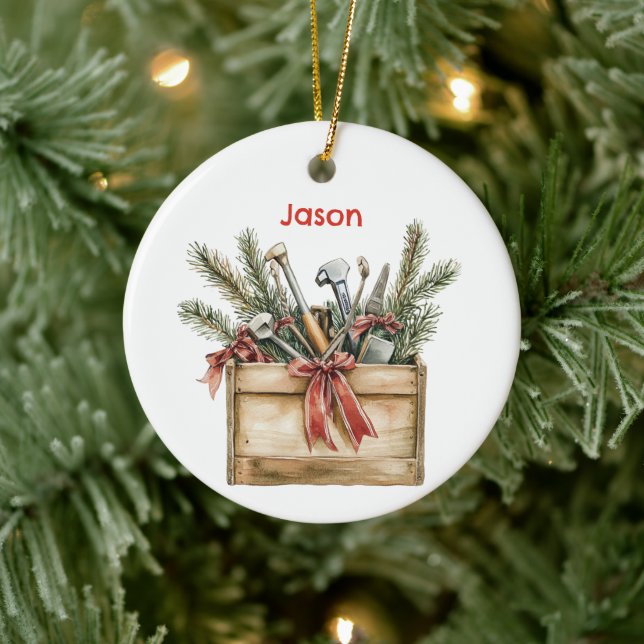 Personalised Santa's Toolbox/Tool Chest Ceramic Ornament (Tree)