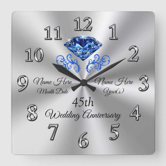 Personalised Sapphire Wedding Anniversary Gifts Square Wall Clock (Front)