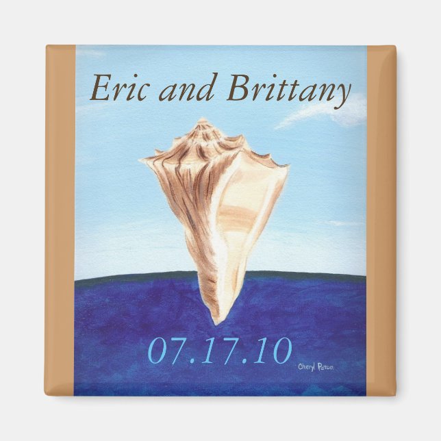 Personalised Save the date magnets, conch seashell Magnet (Front)