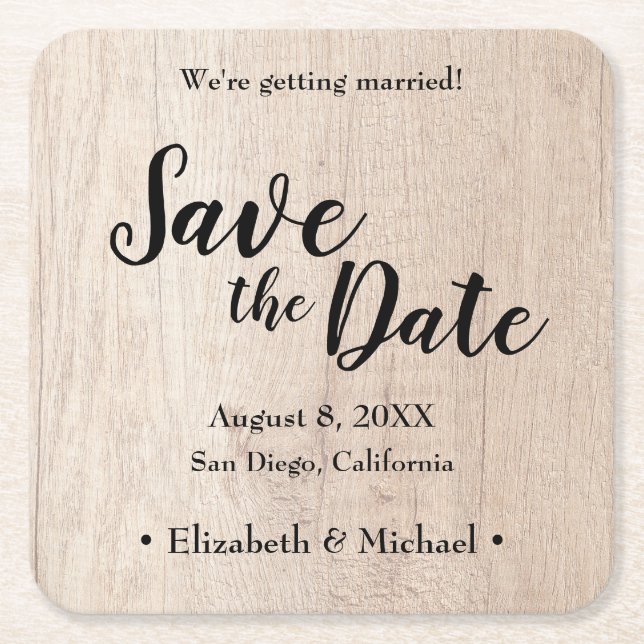 Personalised Save the date Printed Wood Square Paper Coaster (Front)