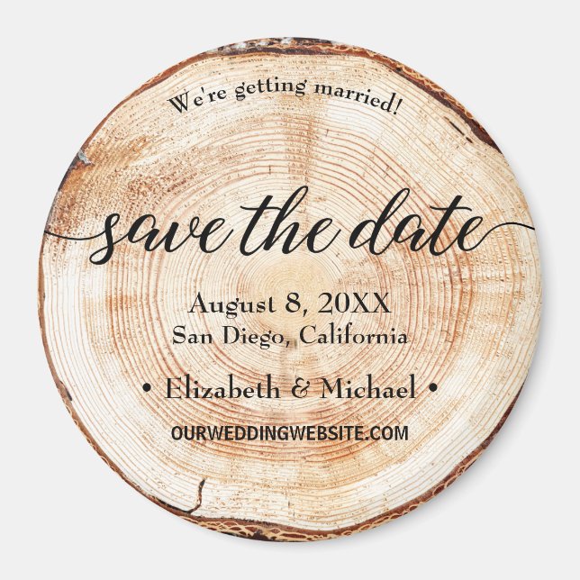 Personalised Save the date Script Wood Grain Magnet (Front)