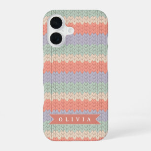 Personalised Scandinavian Pastel Knit Pattern Name iPhone 16 Case