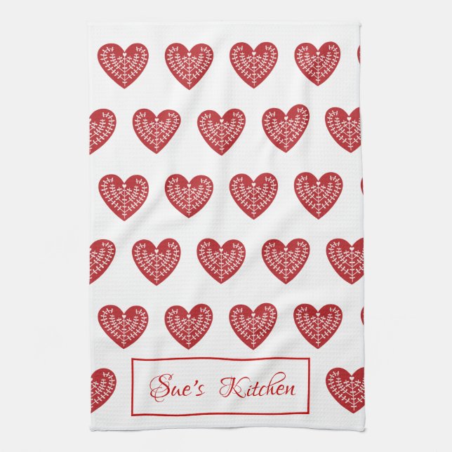 Personalised Scandinavian Red Heart Kitchen Towel (Vertical)