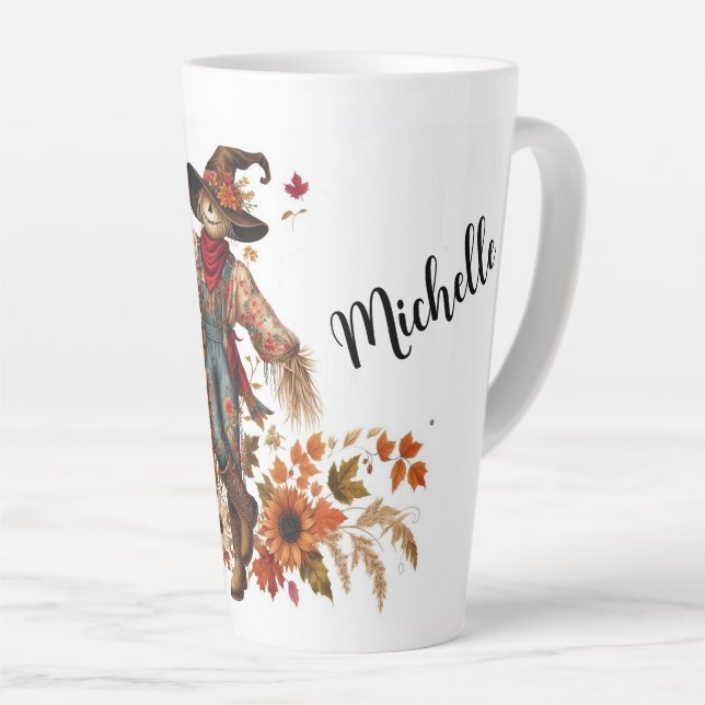 Personalised Scarecrow and Autumn Foliage Latte Mug (Right Angle)