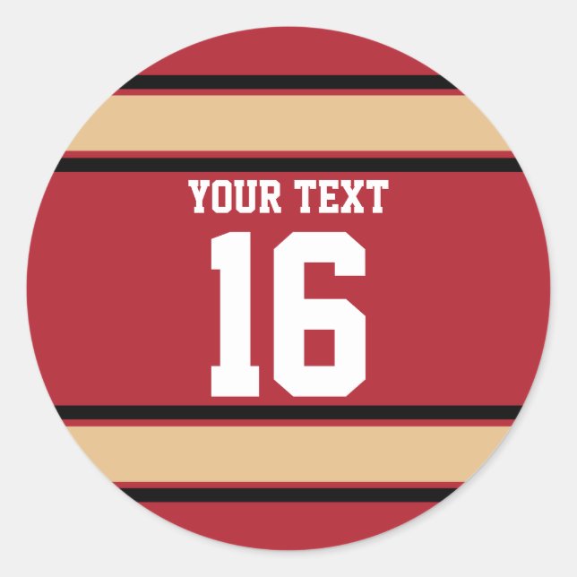 Personalised Scarlet and Gold Sports Stripes Classic Round Sticker (Front)