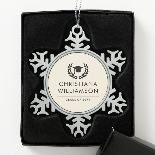 Personalised School and College Graduation Elegant Snowflake Pewter Christmas Ornament (Box)
