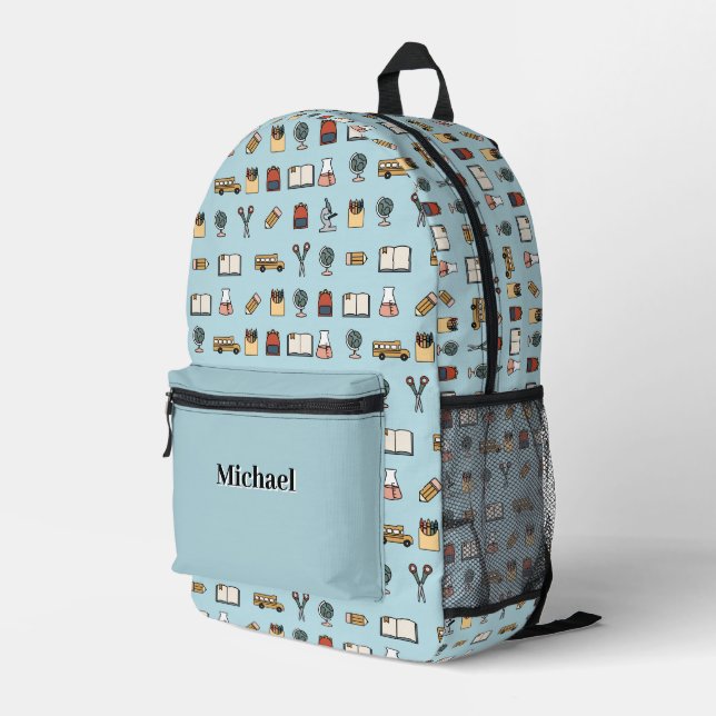 Personalised School Icons Book Bus Globe Backpack  (Back Corner Right)