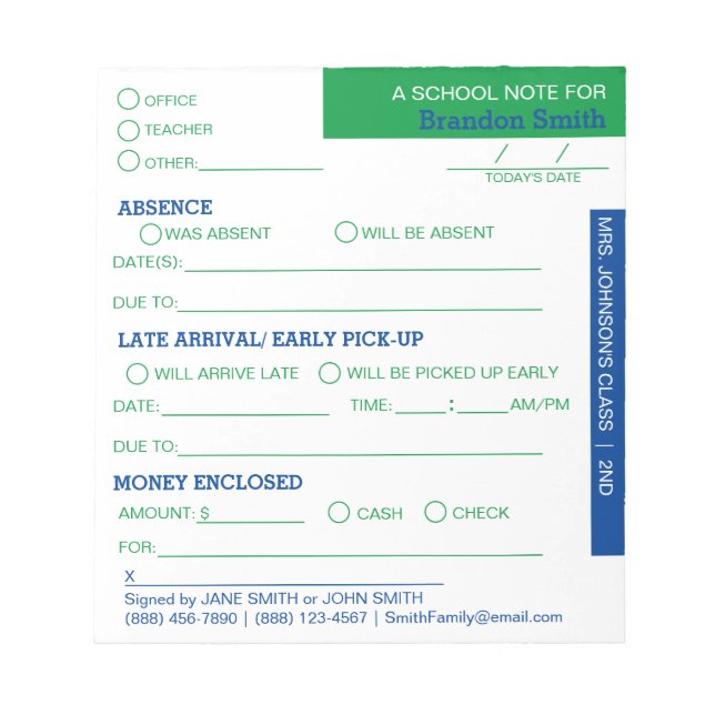 Personalised School Student Parent Notepad (Front)