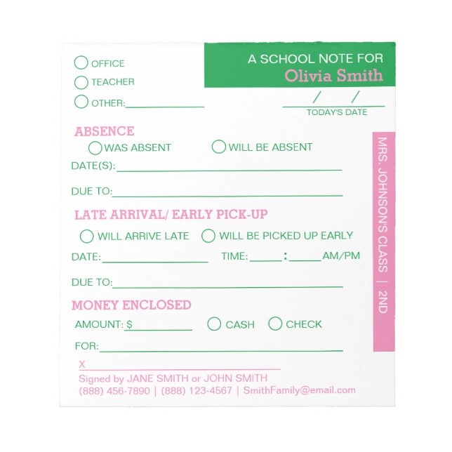 Personalised School Student Parent Notepad (Front)