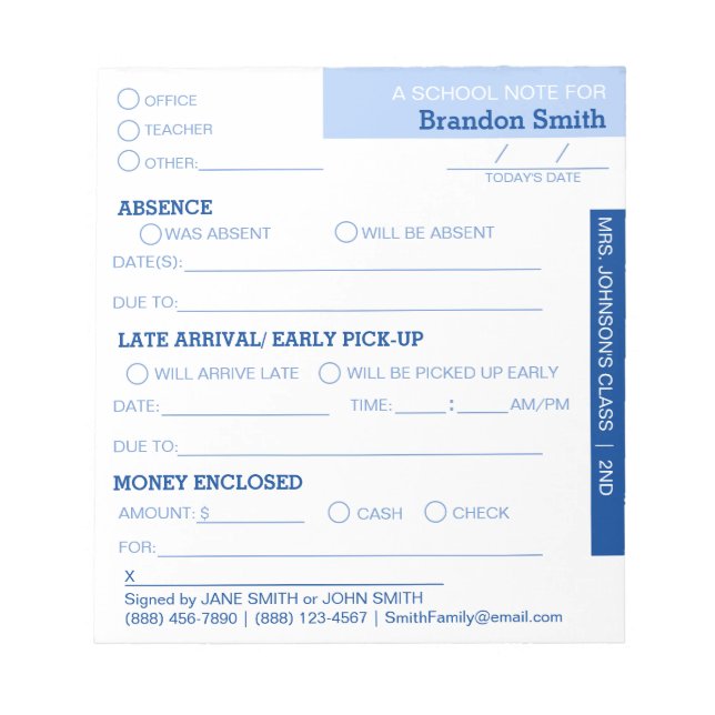 Personalised School Student Parent Notepad (Front)