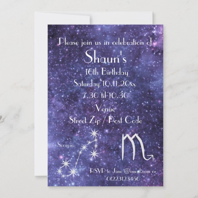 Personalised Scorpio Zodiac Galaxy Party Invitation (Front)