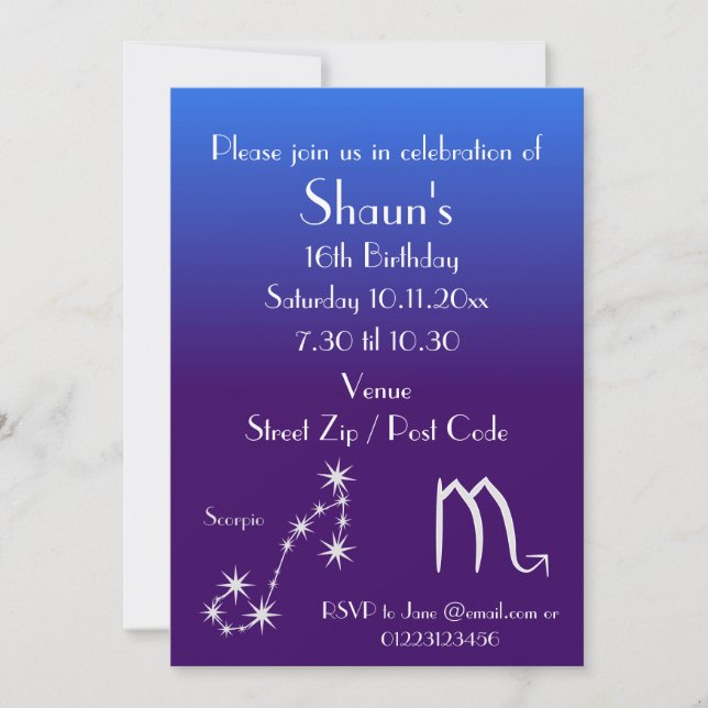 Personalised Scorpio Zodiac Party Invitation (Front)