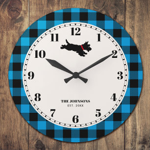 Personalised Scottie Dog Buffalo Check Blue Large Clock