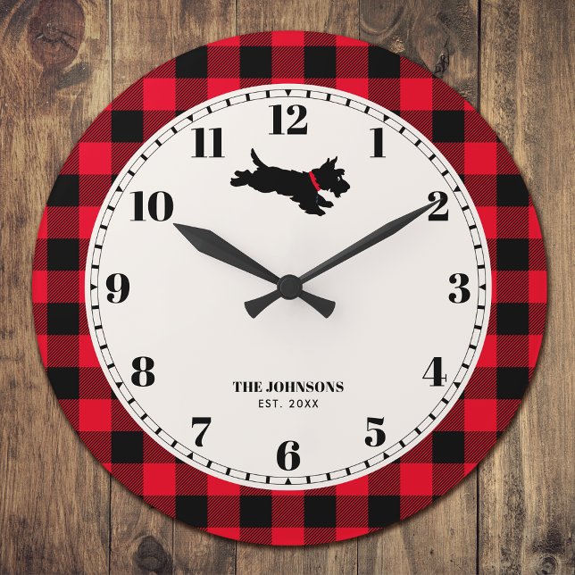 Personalised Scottie Dog Buffalo Check Red Large Clock (Creator Uploaded)