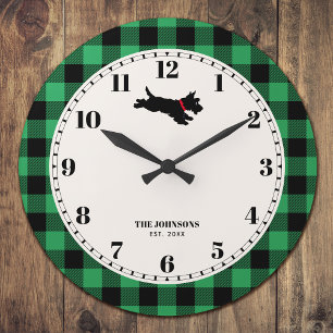 Personalised Scottie Dog Buffalo Plaid Green Large Clock