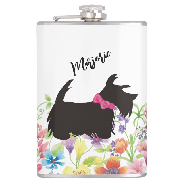 Personalised Scottie dog Flask, pink scottie dog  Hip Flask (Front)