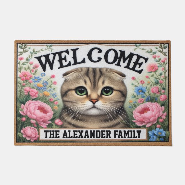 Personalised Scottish Fold Cat Floral Welcome Doormat (Front)