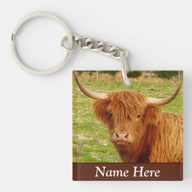 Personalised Scottish Highland Cow Key Ring (Front)