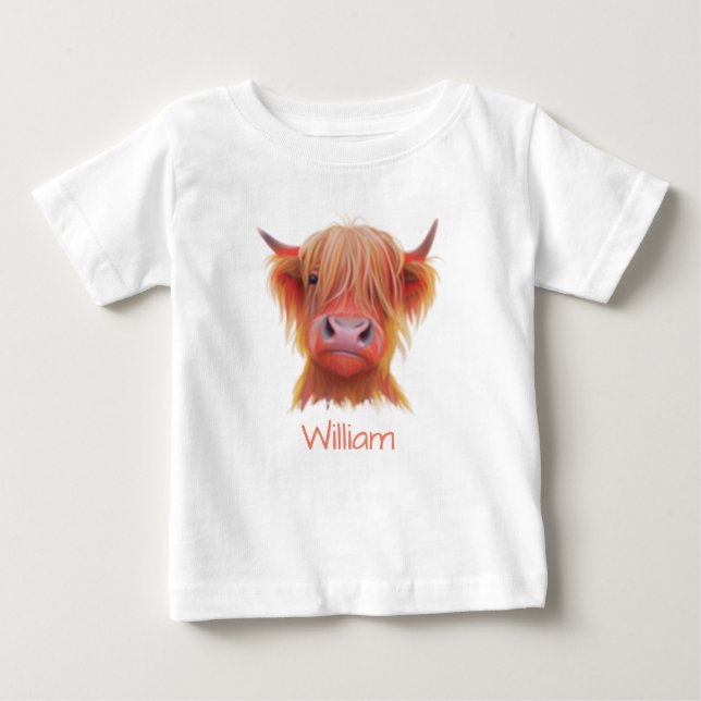 personalised Scottish Highland Hairy Cow Baby T-Shirt (Front)