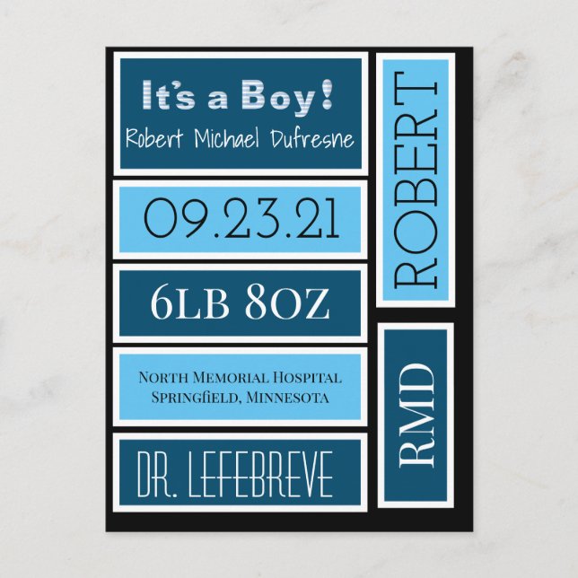 Personalised Scrapbook Baby Boy Labels Postcard (Front)