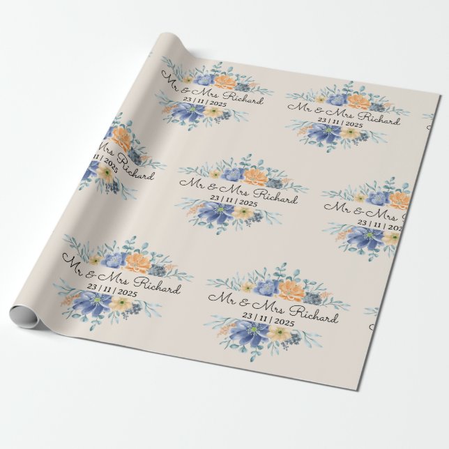 Personalised Script Calligraphy Name Wedding Wrapping Paper (Unrolled)