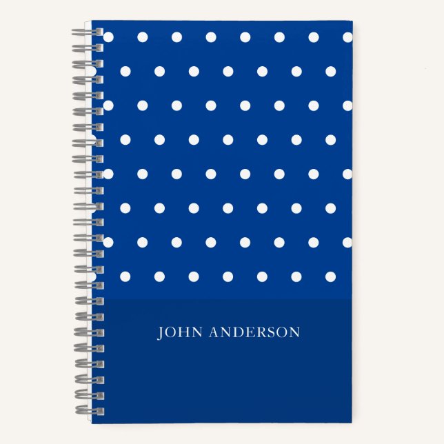 Personalised Script Cute Blue Polka Dots Pattern Notebook (Front)