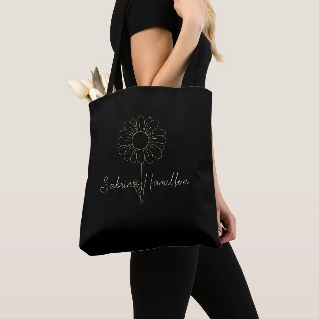 Personalised Script Cute Daisy Black Elegant Tote Bag (Close Up)
