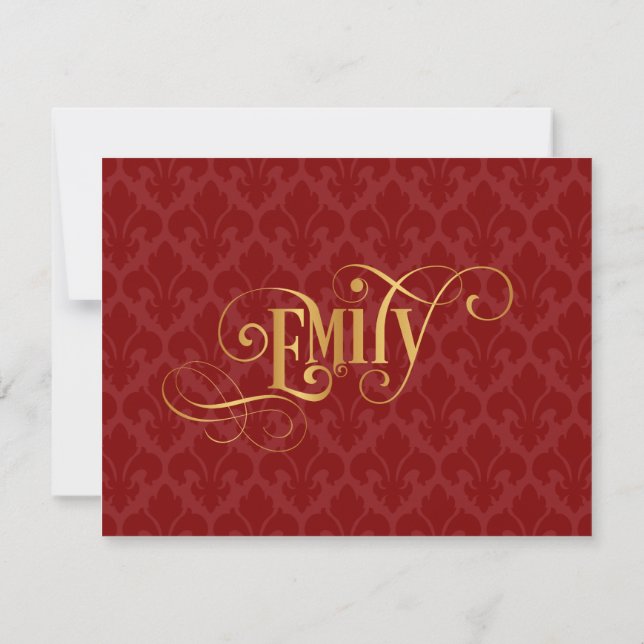 Personalised Script Emily Gold Red Fleur-de-Lis Invitation (Back)