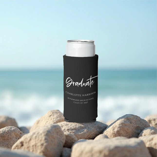 Personalised Script Graduation Party Black & White Seltzer Can Cooler (Creator Uploaded)