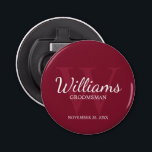 Personalised Script Groomsmen Name&Monogram Bottle Opener<br><div class="desc">Add a personal touch to your wedding with personalised groomsmen bottle opener. This bottle opener features personalised groomsman's name in white classic script font style with wedding details in white classic serif font style and monogram in light burgundy red classic serif font style as background, on burgundy red background. Also...</div>