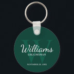 Personalised Script Groomsmen name&Monogram Key Ring<br><div class="desc">Add a personal touch to your wedding with personalised groomsmen keychain. This keychain features personalised groomsman's name in white classic script font style with wedding details in white classic serif font style and monogram in light emerald green classic serif font style as background, on emerald green background. Also perfect for...</div>