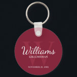 Personalised Script Groomsmen name&Monogram Key Ring<br><div class="desc">Add a personal touch to your wedding with personalised groomsmen keychain. This keychain features personalised groomsman's name in white classic script font style with wedding details in white classic serif font style and monogram in light burgundy red classic serif font style as background, on burgundy red background. Also perfect for...</div>