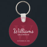 Personalised Script Groomsmen name&Monogram Key Ring<br><div class="desc">Add a personal touch to your wedding with personalised groomsmen keychain. This keychain features personalised groomsman's name in white classic script font style with wedding details in white classic serif font style and monogram in light burgundy red classic serif font style as background, on burgundy red background. Also perfect for...</div>