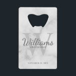 Personalised Script Groomsmen's Name and Monogram<br><div class="desc">Add a personal touch to your wedding with personalised groomsmen credit card bottle opener. This bottle opener features personalised groomsman's name in grey classic script font style with wedding details in grey classic serif font style and monogram in light grey classic serif font style as background, on white marble background....</div>