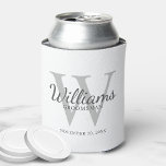 Personalised Script Groomsmen's name and Monogram Can Cooler<br><div class="desc">Add a personal touch to your wedding with personalised groomsmen can cooler. This can cooler features personalised groomsman's name in grey classic script font style with wedding details in grey classic serif font style and monogram in light grey classic serif font style as background, on white background. Also perfect for...</div>