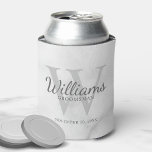 Personalised Script Groomsmen's name and Monogram  Can Cooler<br><div class="desc">Add a personal touch to your wedding with personalised groomsmen can cooler. This can cooler features personalised groomsman's name in grey classic script font style with wedding details in grey classic serif font style and monogram in light grey classic serif font style as background, on white marble background. Also perfect...</div>