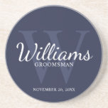 Personalised Script Groomsmen's name and Monogram  Coaster<br><div class="desc">Add a personal touch to your wedding with personalised groomsmen coaster. This coaster features personalised groomsman's name in white classic script font style with wedding details in white classic serif font style and monogram in light navy blue classic serif font style as background, on navy blue background. Also perfect for...</div>