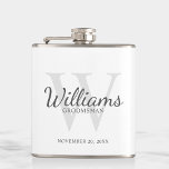 Personalised Script Groomsmen's name and Monogram Hip Flask<br><div class="desc">Add a personal touch to your wedding with personalised groomsmen flask. This flask features personalised groomsman's name in grey classic script font style with wedding details in grey classic serif font style and monogram in light grey classic serif font style as background, on white background. Also perfect for best man,...</div>