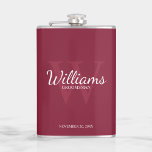 Personalised Script Groomsmen's name and Monogram Hip Flask<br><div class="desc">Add a personal touch to your wedding with personalised groomsmen flask. This flask features personalised groomsman's name in white classic script font style with wedding details in white classic serif font style and monogram in light burgundy red classic serif font style as background, on burgundy red background. Also perfect for...</div>