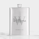 Personalised Script Groomsmen's name and Monogram  Hip Flask<br><div class="desc">Add a personal touch to your wedding with personalised groomsmen flask. This flask features personalised groomsman's name in grey classic script font style with wedding details in grey classic serif font style and monogram in light grey classic serif font style as background, on white background. Also perfect for best man,...</div>